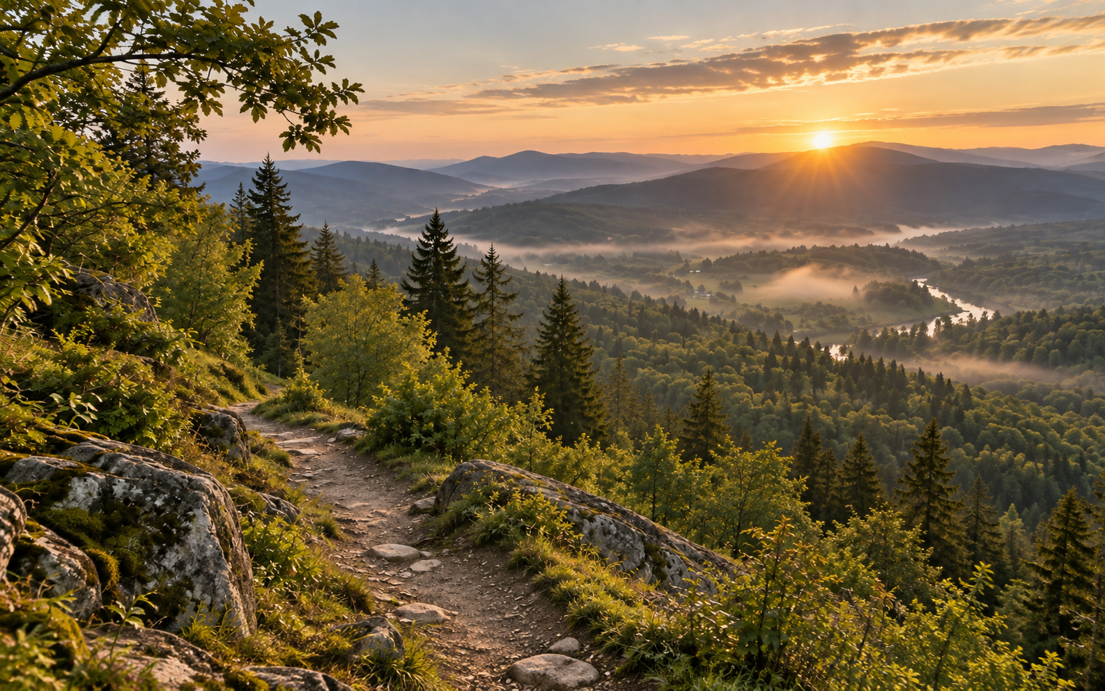 Sunrise landscape with a winding path